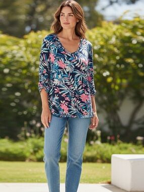 Relaxed V‑Neck Long Sleeve Floral Top by Casey Key Navy/Pink